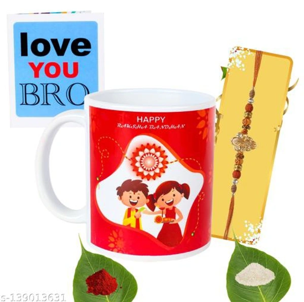 Kraftales Raksha Bandhan Gift Set Combo of Rakhi Greeting Card | Printed Ceramic Coffee Mug | Roli | Chawal | Rakhi /Raksha Bandhan Gift Set for Brother (300 ML) (ST4) - Free Size