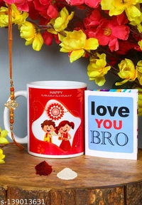 Kraftales Raksha Bandhan Gift Set Combo of Rakhi Greeting Card | Printed Ceramic Coffee Mug | Roli | Chawal | Rakhi /Raksha Bandhan Gift Set for Brother (300 ML) (ST4) - Free Size