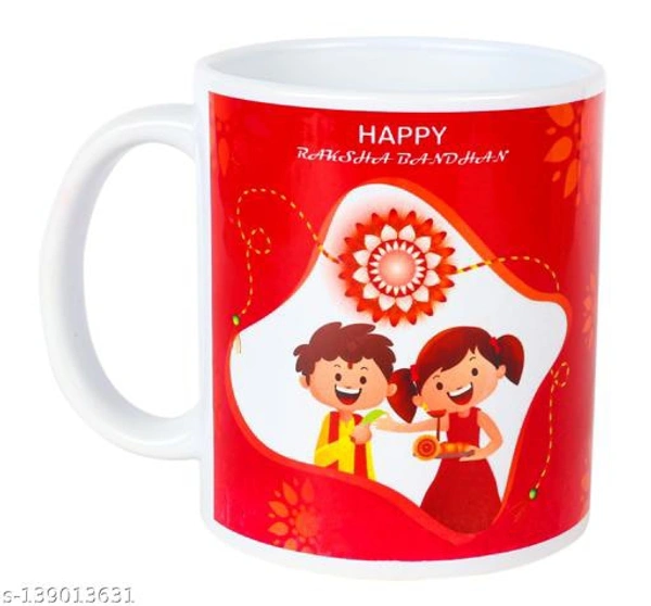 Kraftales Raksha Bandhan Gift Set Combo of Rakhi Greeting Card | Printed Ceramic Coffee Mug | Roli | Chawal | Rakhi /Raksha Bandhan Gift Set for Brother (300 ML) (ST4) - Free Size