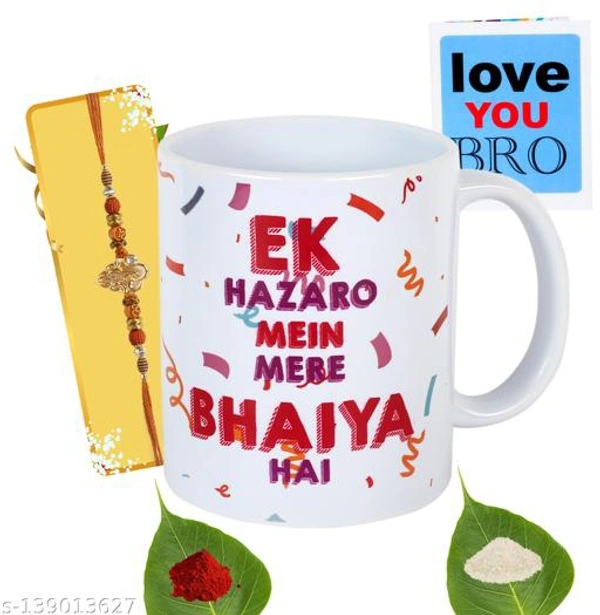 Kraftales Raksha Bandhan Gift Set Combo of Rakhi(Random Design) Greeting Card | Printed Ceramic Coffee Mug | Roli | Chawal | Rakhi /Raksha Bandhan Gift Set for Brother (300 ML) (ST6) - Free Size