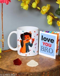 Kraftales Raksha Bandhan Gift Set Combo of Rakhi(Random Design) Greeting Card | Printed Ceramic Coffee Mug | Roli | Chawal | Rakhi /Raksha Bandhan Gift Set for Brother (300 ML) (ST6) - Free Size