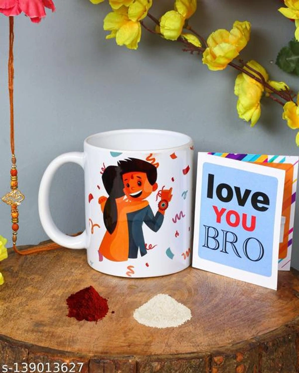 Kraftales Raksha Bandhan Gift Set Combo of Rakhi(Random Design) Greeting Card | Printed Ceramic Coffee Mug | Roli | Chawal | Rakhi /Raksha Bandhan Gift Set for Brother (300 ML) (ST6) - Free Size