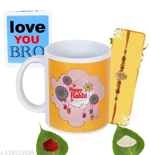Kraftales Raksha Bandhan Gift Set Combo of Rakhi Greeting Card | Printed Ceramic Coffee Mug | Roli | Chawal | Rakhi /Raksha Bandhan Gift Set for Brother (300 ML) (ST7) - Free Size