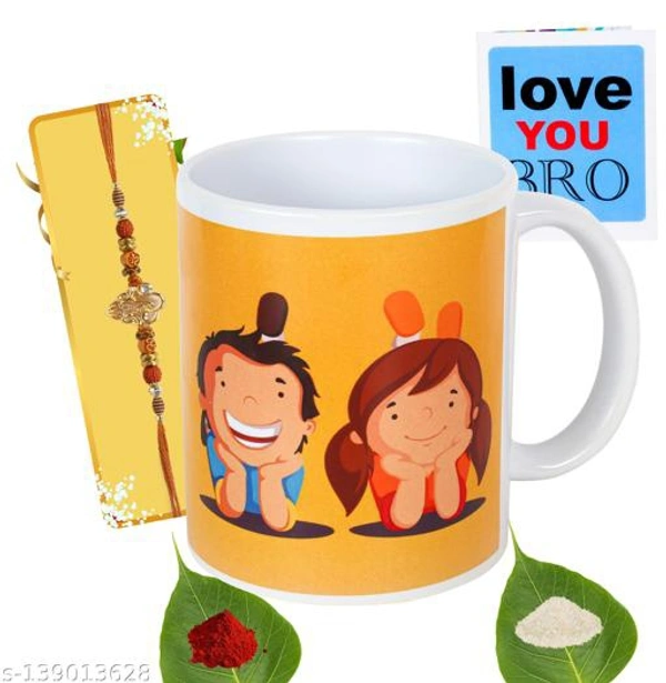 Kraftales Raksha Bandhan Gift Set Combo of Rakhi Greeting Card | Printed Ceramic Coffee Mug | Roli | Chawal | Rakhi /Raksha Bandhan Gift Set for Brother (300 ML) (ST7) - Free Size