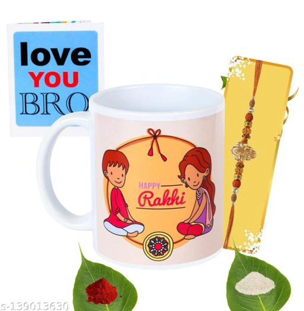 Kraftales Raksha Bandhan Gift Set Combo of Rakhi Greeting Card | Printed Ceramic Coffee Mug | Roli | Chawal | Rakhi /Raksha Bandhan Gift Set for Brother (300 ML) (ST3) - Free Size