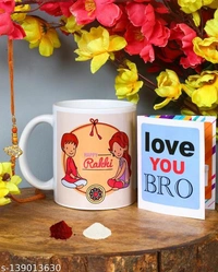 Kraftales Raksha Bandhan Gift Set Combo of Rakhi Greeting Card | Printed Ceramic Coffee Mug | Roli | Chawal | Rakhi /Raksha Bandhan Gift Set for Brother (300 ML) (ST3) - Free Size