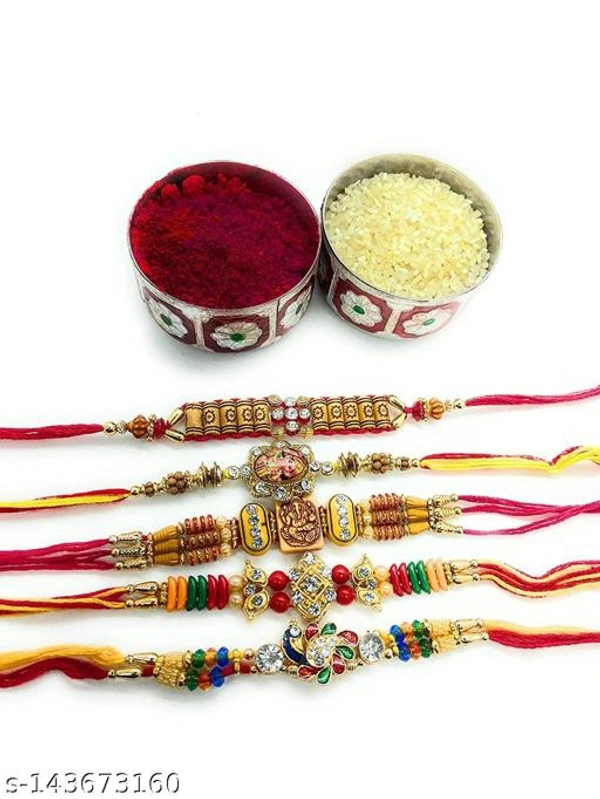 PACK OF 5 RAKHI FOR MEN'S AND BOYS WITH ROLI CHAWAL TILAK (ALL DIFFERENT DESIGN) - Free Size