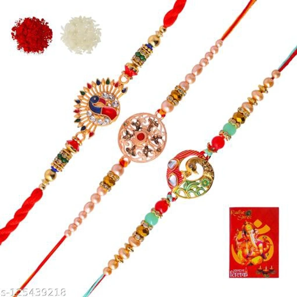 PEACOCK RAKHI 2 &1 ASHOK RAKHI SET 1 TILAK PACK WITH RAKSH BANDAN GREET CARD   - Free Size