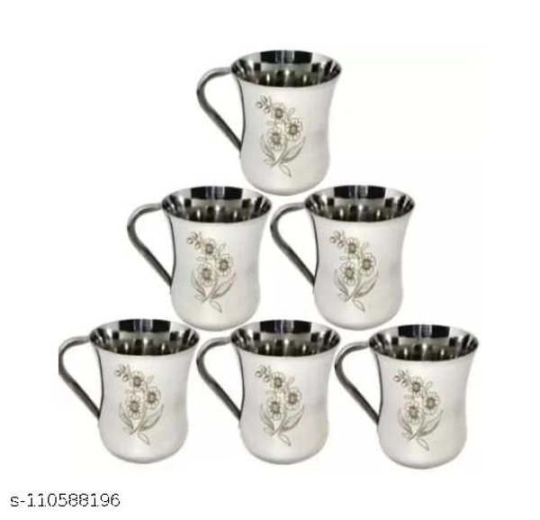 Stainless Steel Latest Printed Beautiful Flower Design, Royal Cup Tea & Coffee Cups Set (Pack of 6 Cup) - 150 ML - Free Size