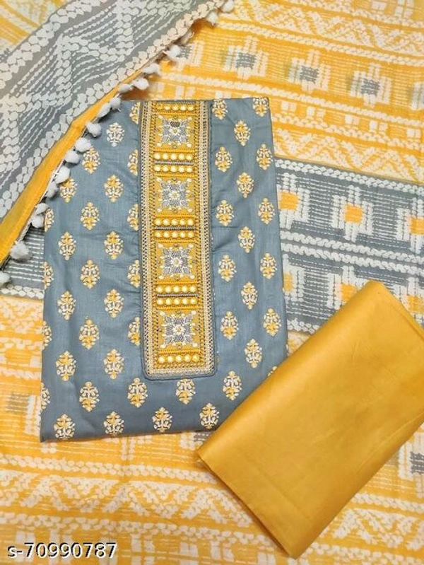 Sublime W Trendy Embroidered Printed Cotton Suit Salwar with Cotton Printed Dupatta - Yellow, Un Stitched