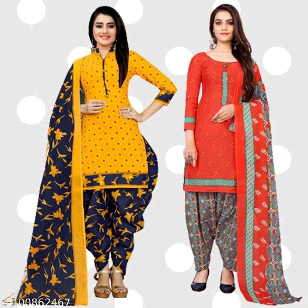 Rajnandini Yellow And Orange Cotton Printed Unstitched Salwar Suit Material (Combo of 2) - Un stitched