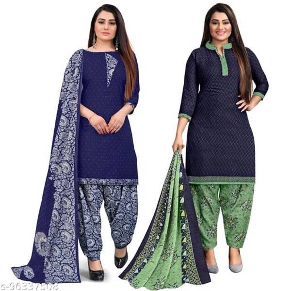 Rajnandini Blue And Navy Blue Cotton Printed Unstitched Salwar Suit Material (Combo of 2) - Un stitched