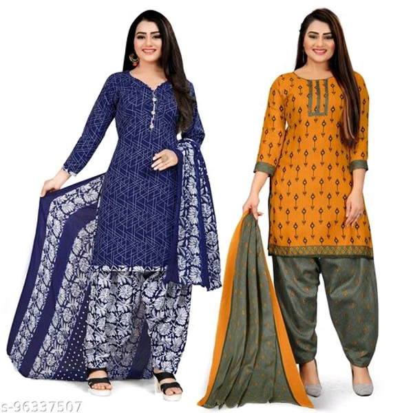 Rajnandini Blue And Mustard Cotton Printed Unstitched Salwar Suit Material (Combo of 2) - Un stitched