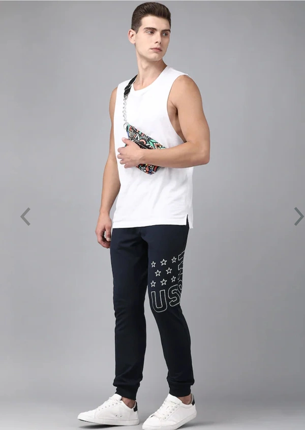 Navy Blue & White printed joggers has elasticated waistband with drawstring closureand 2 pockets - M