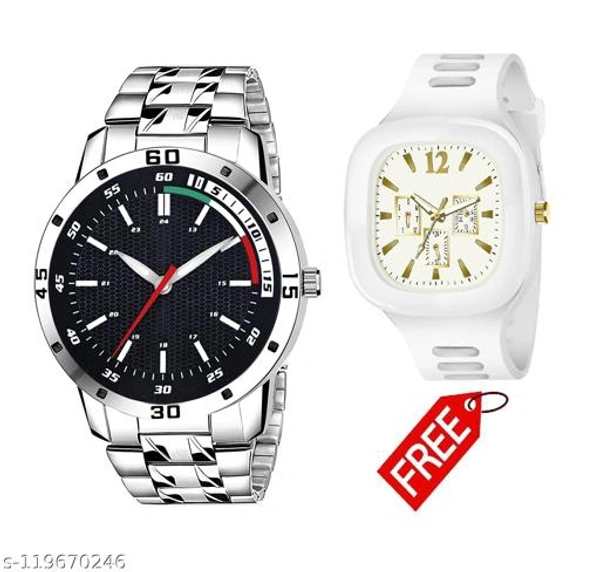 Men's Steel Chain Silver Black Men style Boys Hand Watch Gents 2022 Luxury Design Steel Chain New Model Analog Watch  AND Stylish WHITE Designer Square GOLD Dial Analog Silicon Strap Analog Watch - Free Size