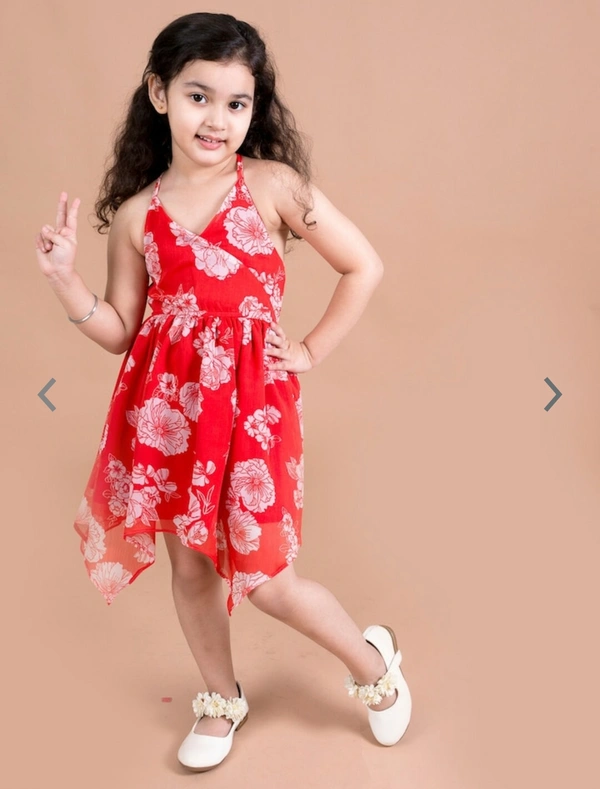 Pspeaches Red Floral Printed Chiffon Dress - Red, 8-9 Years