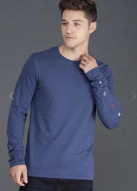 Blue solid T-shirt, has a round neck, and long sleeves - M