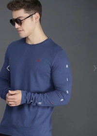 Blue solid T-shirt, has a round neck, and long sleeves - M