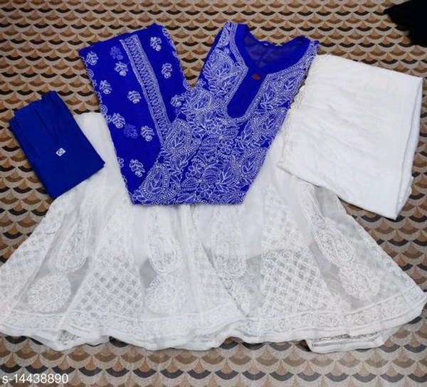 Women's Georgette Straight Chikankari Kurti With Sharara & Dupatta - Blue, M