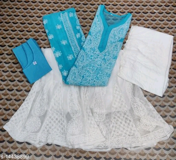 Women's Georgette Straight Chikankari Kurti With Sharara & Dupatta - Sky Blue, L