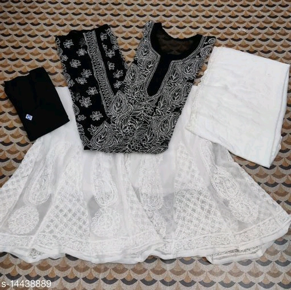 Women's Georgette Straight Chikankari Kurti With Sharara & Dupatta - Black, XL