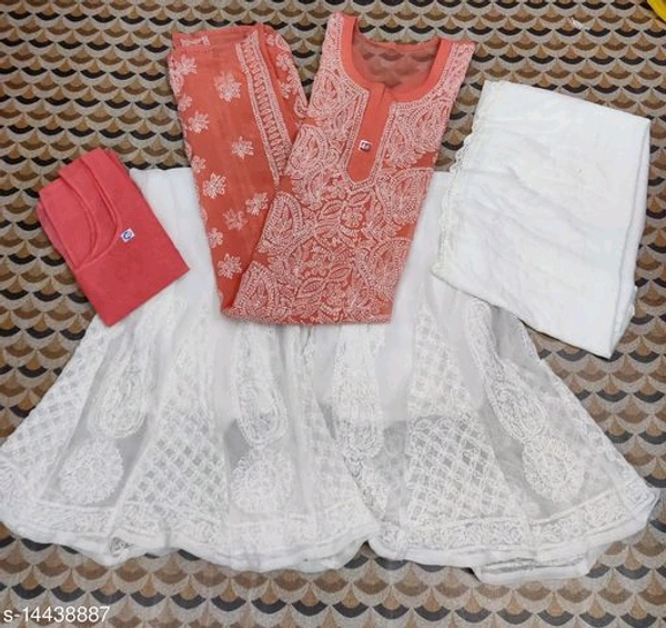 Women's Georgette Straight Chikankari Kurti With Sharara & Dupatta - Gazari, XL
