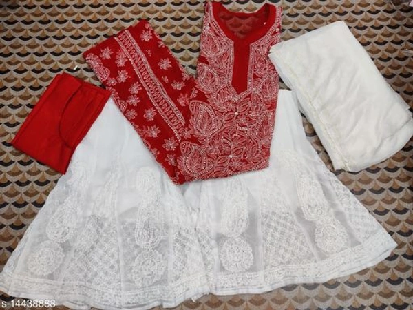 Women's Georgette Straight Chikankari Kurti With Sharara & Dupatta - Red, XXL