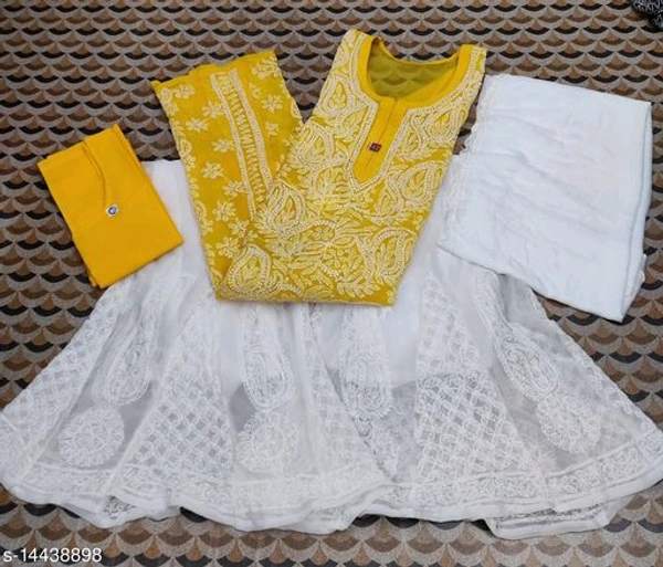 Women's Georgette Straight Chikankari Kurti With Sharara & Dupatta - Yellow, XXL