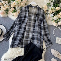 SAKHI CREATION HUB LATEST WESTERN WEAR CHEXED SHIRT WITH LONG BLACK INNER ALL IN ONE SET FOR WOMENS & GIRLS - S