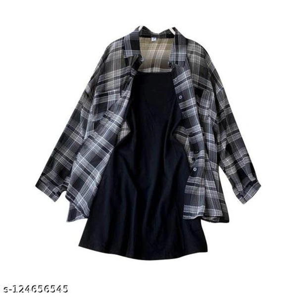 SAKHI CREATION HUB LATEST WESTERN WEAR CHEXED SHIRT WITH LONG BLACK INNER ALL IN ONE SET FOR WOMENS & GIRLS - S