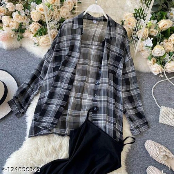 SAKHI CREATION HUB LATEST WESTERN WEAR CHEXED SHIRT WITH LONG BLACK INNER ALL IN ONE SET FOR WOMENS & GIRLS - M