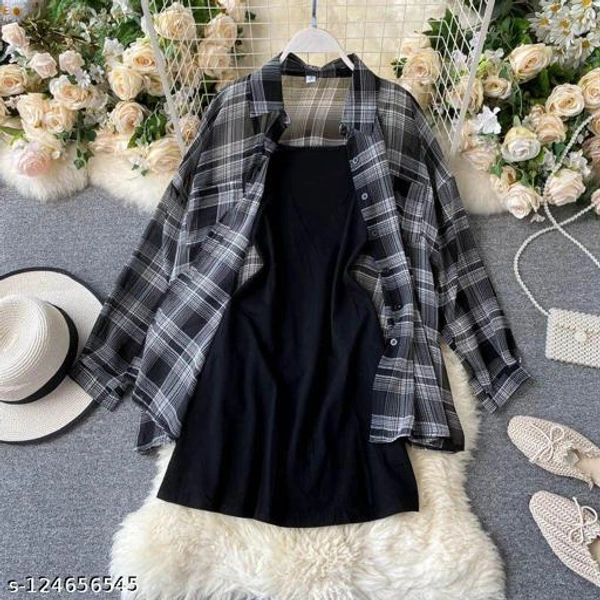 SAKHI CREATION HUB LATEST WESTERN WEAR CHEXED SHIRT WITH LONG BLACK INNER ALL IN ONE SET FOR WOMENS & GIRLS - L