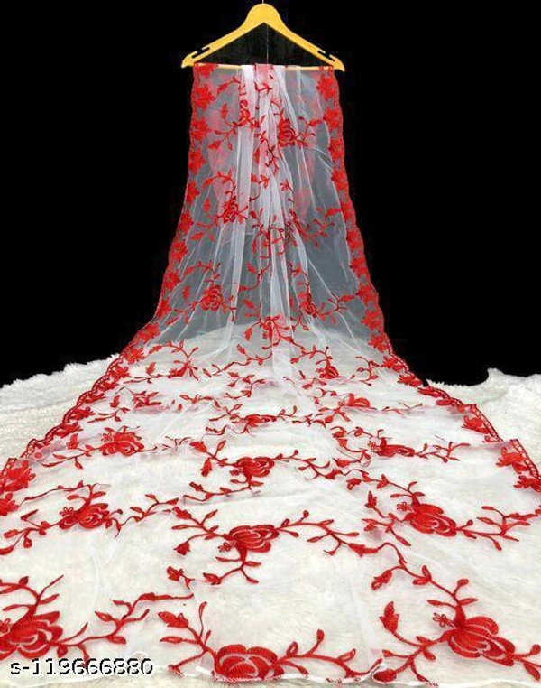 New Soft Net Dupatta With Cotton Thred Embroidery Work - Free Size, Red