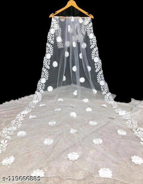 New Soft Net Dupatta With Cotton Thred Embroidery Work - Free Size, Whait
