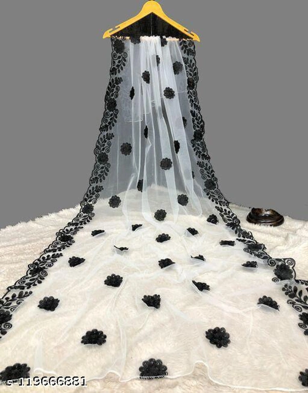 New Soft Net Dupatta With Cotton Thred Embroidery Work - Free Size, Black