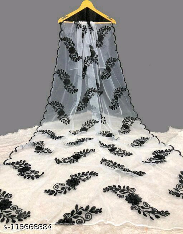 New Soft Net Dupatta With Cotton Thred Embroidery Work - Free Size, Black