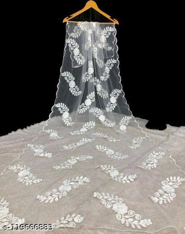 New Soft Net Dupatta With Cotton Thred Embroidery Work - Free Size, Whait