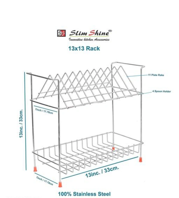 Nexo Stainless Steel 2 Shelf Kitchen Dish Rack | Plate Cutlery Stand | Kitchen Utensils Rack | Modern Kitchen Storage Rack (13X13) INCH Plate Stand - Red, Free Size