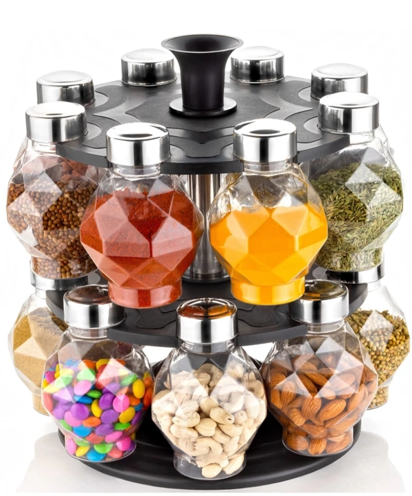 360Ã?Â° Revolving New Diamond Spice Rack Masala Rack Spice Box Masala Box Masala Container (1 Stand,16 Plastic Bottles With Steel Cap) - 350 ml Plastic Utility Container  (Clear) - Free Size