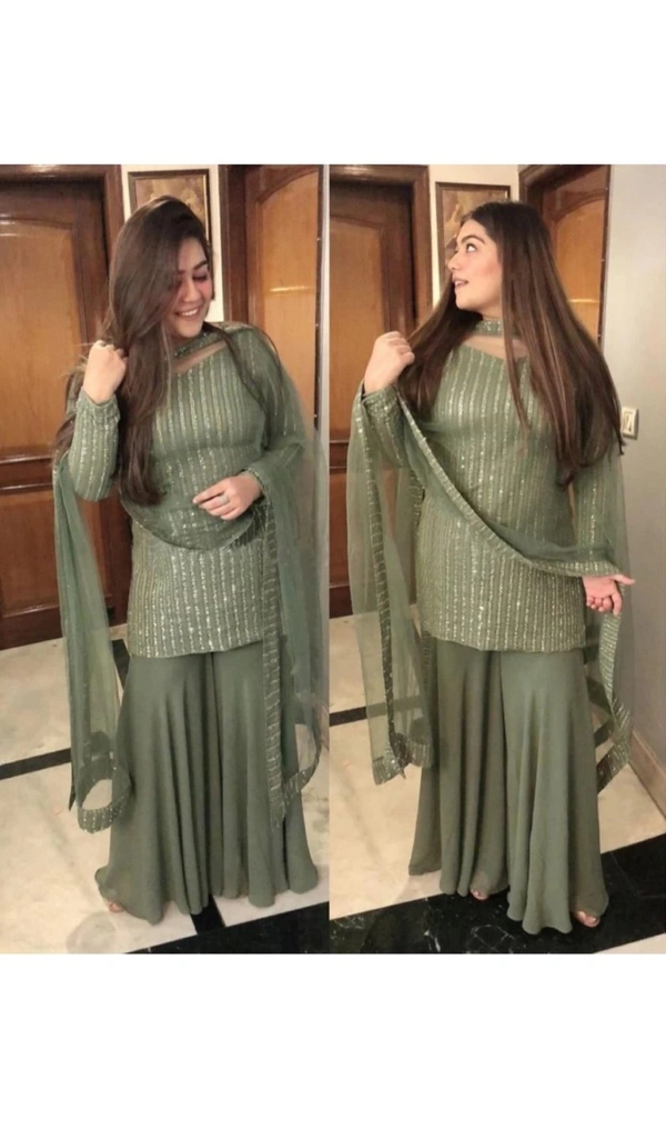 NEW WOMAN SEQUINNED UNSTICHED SUIT WITH SHARARA WITH DUPATTA - free size, Willow Grove
