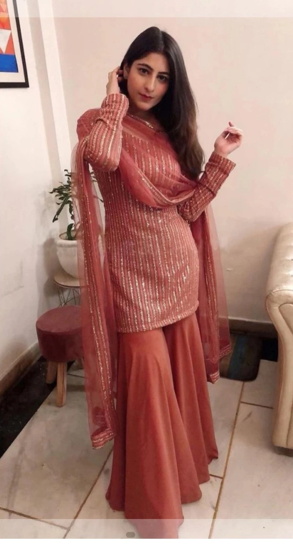 NEW WOMAN SEQUINNED UNSTICHED SUIT WITH SHARARA WITH DUPATTA - free size, Flush Mahogany