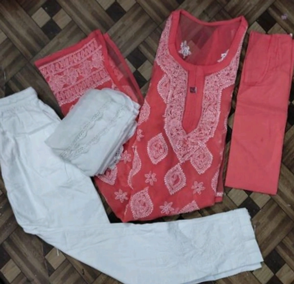 Georgette  Kurta Sets With Dupatta - L, Orenge Red