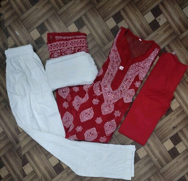Georgette  Kurta Sets With Dupatta - L, Red