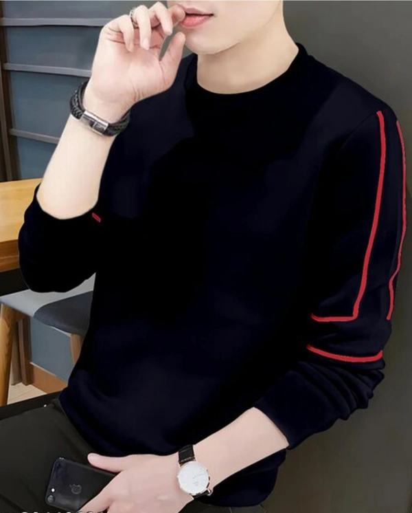 Gespo Men's Navy Blue & Red Striped Round Neck Full Sleeve T-Shirt - Black, L