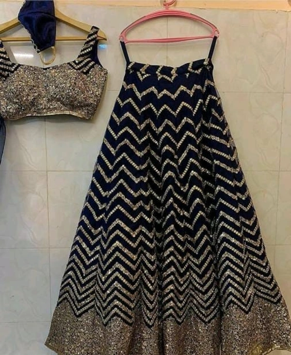 Women's Faux Georgette Fabric,Light Gold Sequins Embroidery Work Lehenga - Black, Semi Stitched