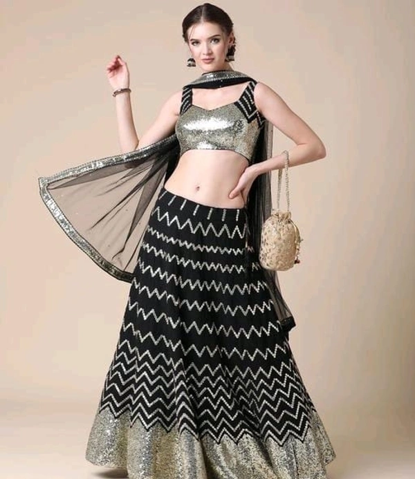Women's Faux Georgette Fabric,Light Gold Sequins Embroidery Work Lehenga - Black, Semi Stitched