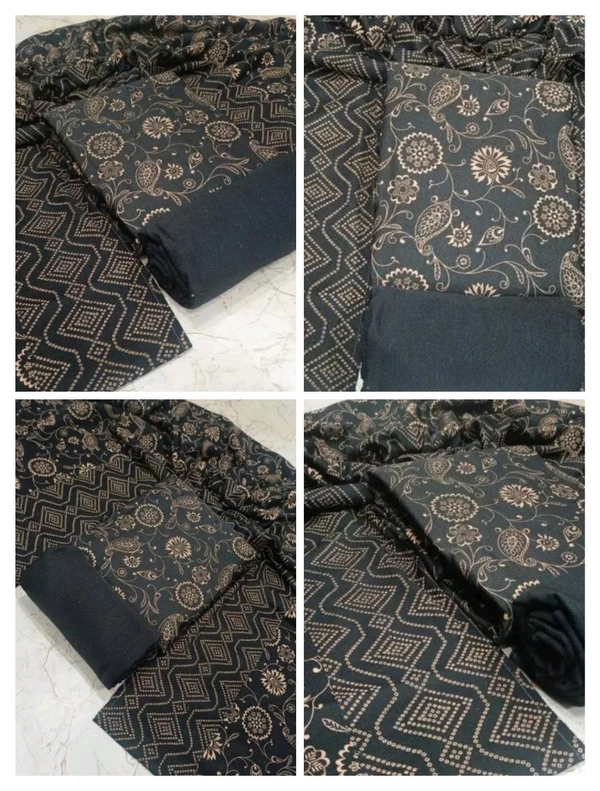 Women's Wollen printed unstiched Suit Material with stal | Top- 2.30 Mt. | Bottom-2.40 Mt. | Stal- 2.10 Mt. - Black, Unstitched