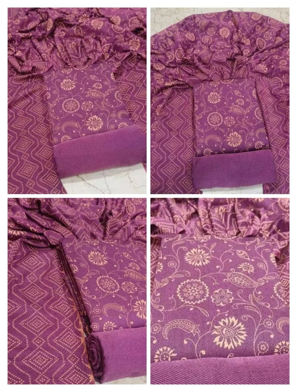 Women's Wollen printed unstiched Suit Material with stal | Top- 2.30 Mt. | Bottom-2.40 Mt. | Stal- 2.10 Mt. - Purple, Unstitched