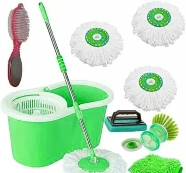 Plastic Bucket Mop set 360 Degree Rotating with 3 Absorber,1 Sink brush ,1 tile Brush,1 Pedicure Brush ,1 microfiber glovewet & Dry Mop set(Multicolour)  - Free Size