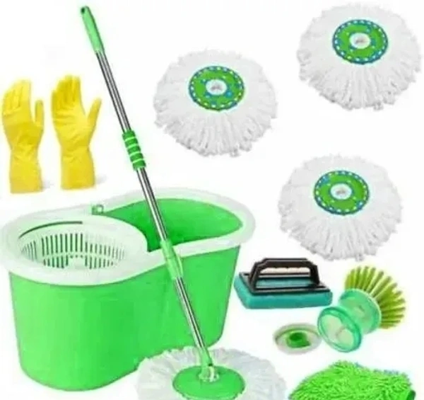 Plastic Bucket Mop set 360 Degree Rotating with 2 Absorber,1 Sink brush ,1 tile Brush,1 Rubber glove ,1 microfiber glovewet & Dry Mop set(Multicolour) - Free Size